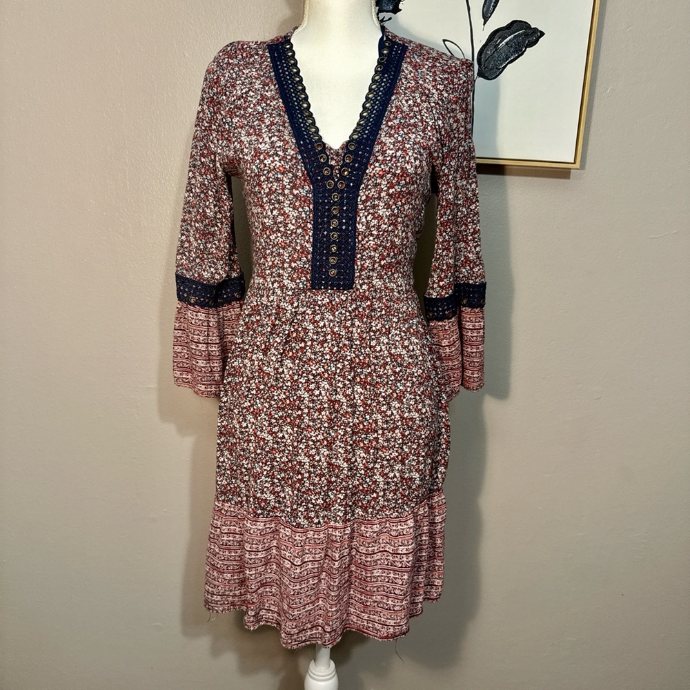 Knox Rose Long Sleeve Floral Dress with Navy Trim